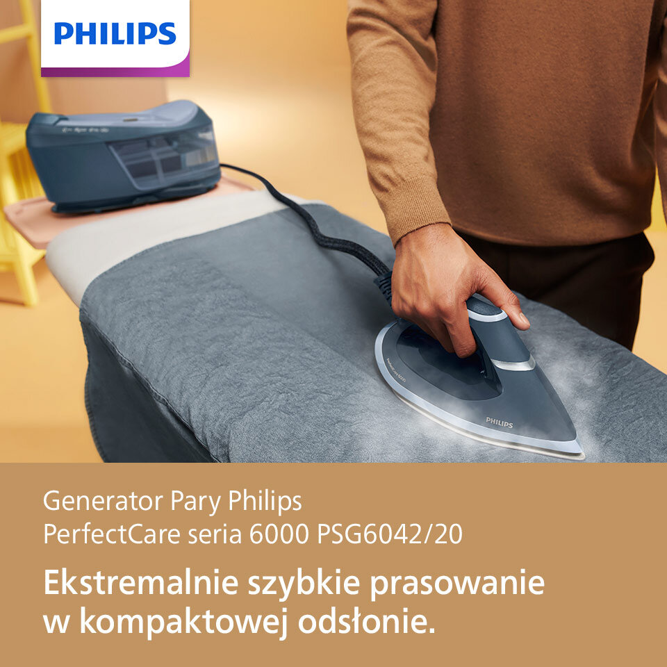 Osoba prasuje szarą tkaninę za pomocą generatora pary marki Philips. Widoczny jest tekst: \'Generator Pary Philips PerfectCare seria 6000 PSG6042/20 Ekstremalnie szybkie prasowanie w kompaktowej odsłonie.\'