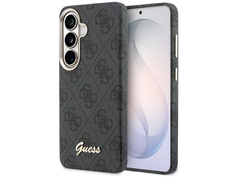 Czarne etui na telefon z wzorem 4G i napisem \'Guess\' w dolnej części. Etui posiada wycięcia na trzy obiektywy aparatu.