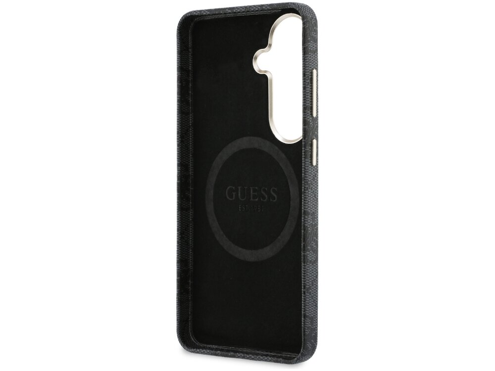 Czarne etui na telefon z wycięciem na aparat i przyciski, wewnątrz widoczne logo \'GUESS\'.