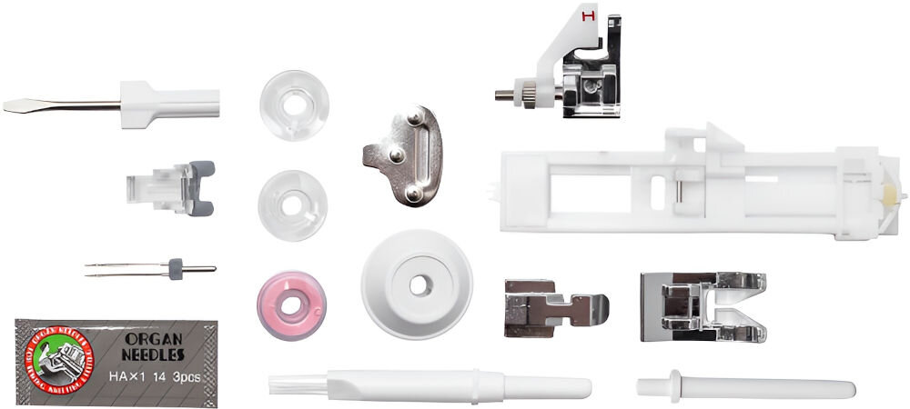 Maszyna do szycia MINERVA Experience 1000 bogate funkcje szeroki zestaw akcesoriów stopki różne techniki szycia krążek przytrzymujący szpulkę dodatkowy trzpień zestaw igieł igła podwójna śrubokręt rozrusznik nozny miękki pokrowiec 