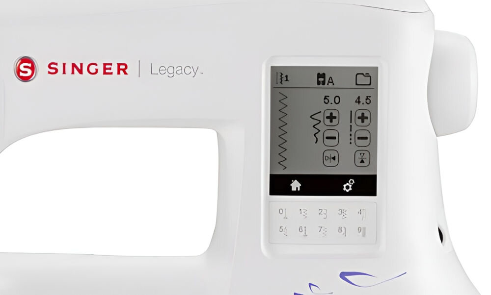 Maszyna do szycia SINGER Legacy SE300 czytelne komunikaty wyświetlane na ekranie aktualny stan pracy system samonawlekających się prowadników nici górnej wbudowany automatyczny nawlekacz igły prosta i przyjemna obsługa maszyny 