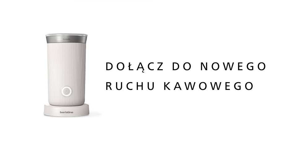 Na obrazie widoczny jest biały spieniacz do mleka z napisem \'baristina\' na podstawie. Obok znajduje się tekst: \'DOŁĄCZ DO NOWEGO RUCHU KAWOWEGO\'.