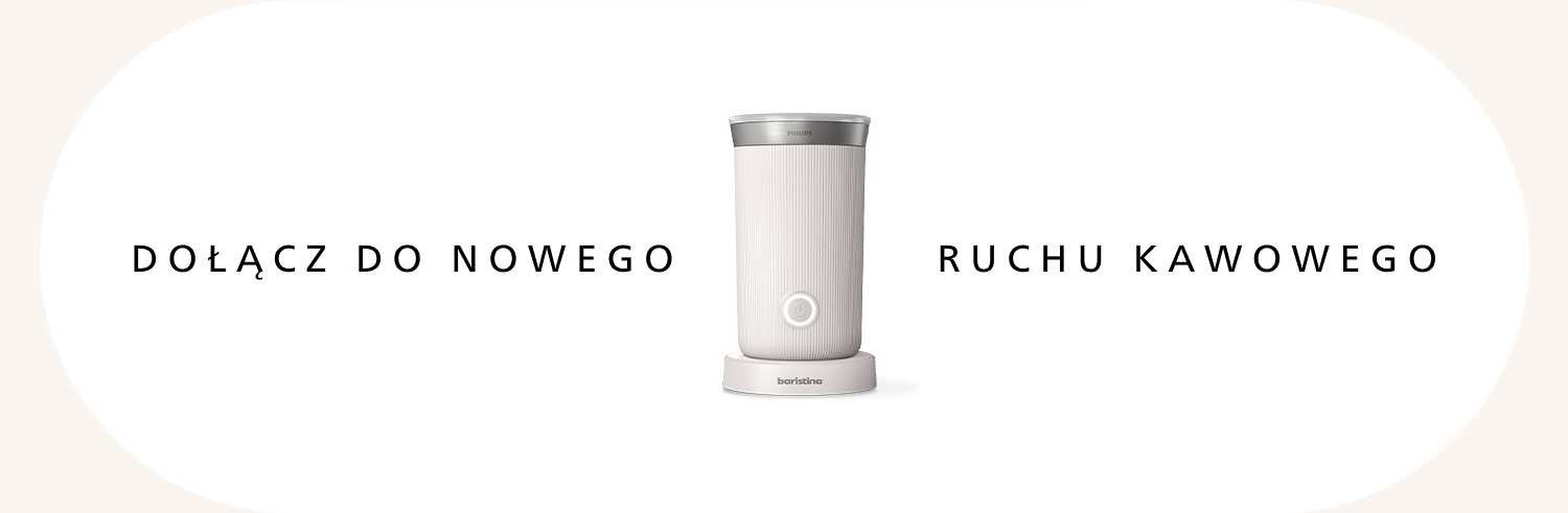 Na środku obrazu znajduje się biały spieniacz do mleka z napisem \'baristina\' na podstawie. Po obu stronach urządzenia widnieje tekst: \'DOŁĄCZ DO NOWEGO RUCHU KAWOWEGO\'.