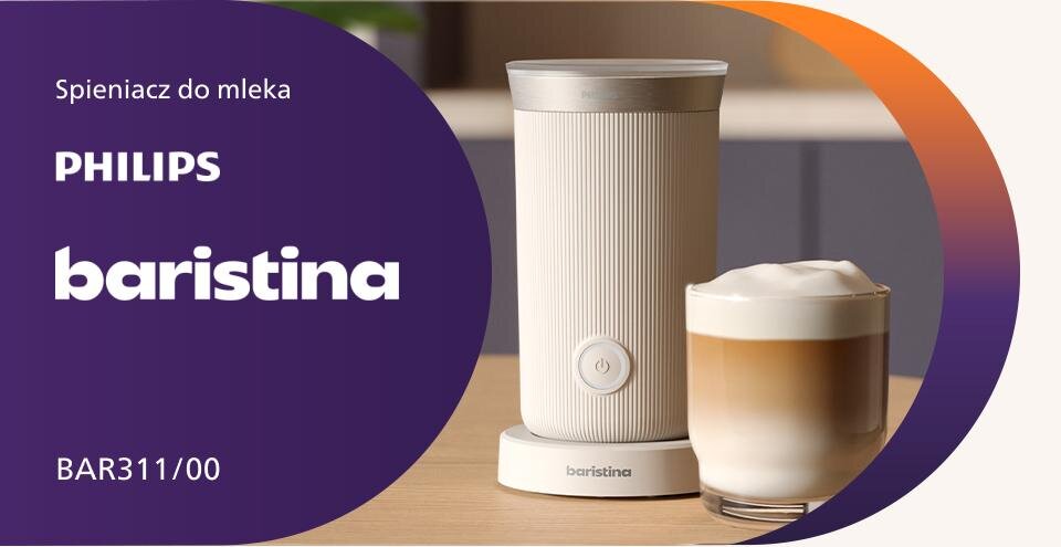 Obraz przedstawia biały spieniacz do mleka z napisem \'baristina\' oraz szklankę z kawą z mleczną pianką. Na fioletowym tle widnieje tekst: \'Spieniacz do mleka PHILIPS baristina BAR311/00\'.