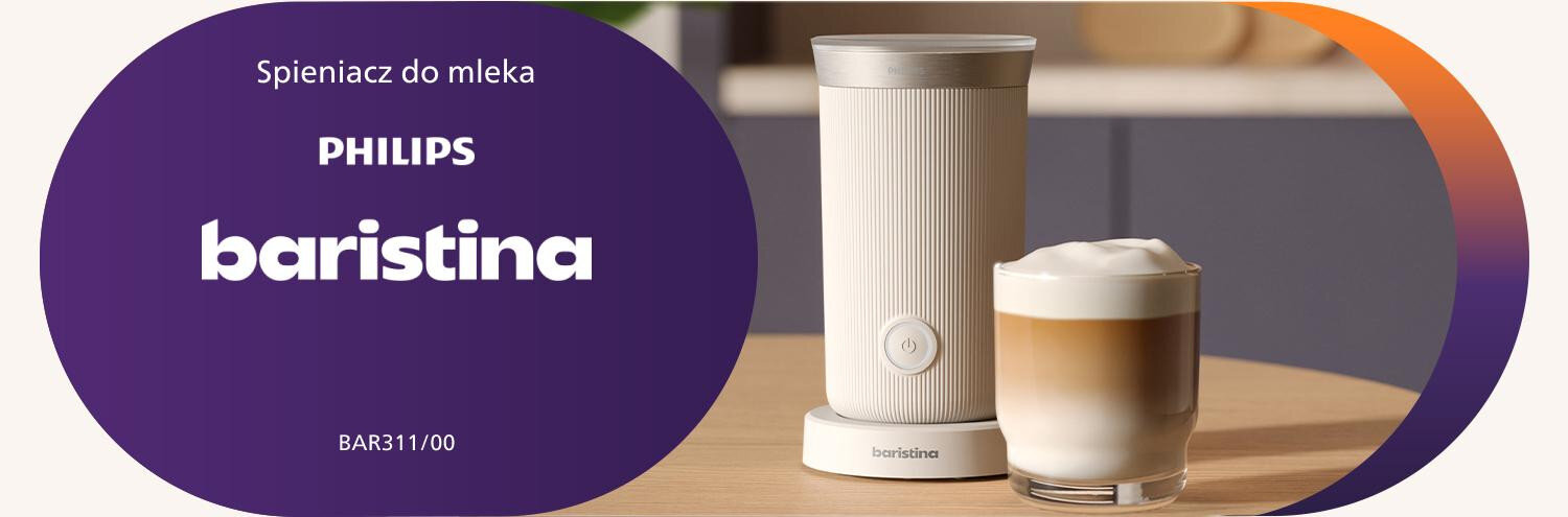 Na obrazie widoczny jest biały spieniacz do mleka z napisem \'baristina\' oraz szklanka z kawą z pianką. Po lewej stronie znajduje się fioletowe pole z tekstem: \'Spieniacz do mleka PHILIPS baristina BAR311/00\'.