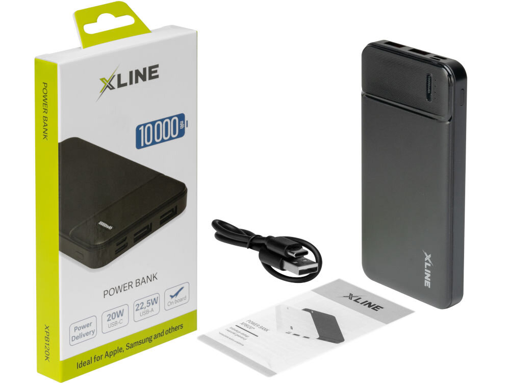 Na zdjęciu znajduje się czarny powerbank XLINE oraz jego opakowanie z napisem \'10000 mAh\'. Obok leży kabel USB i instrukcja obsługi.