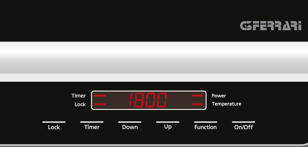 Panel sterowania z wyświetlaczem LED pokazującym \'1800\' oraz przyciskami: Lock, Timer, Down, Up, Function, On/Off. Logo \'G3FERRARI\' widoczne w górnym rogu.