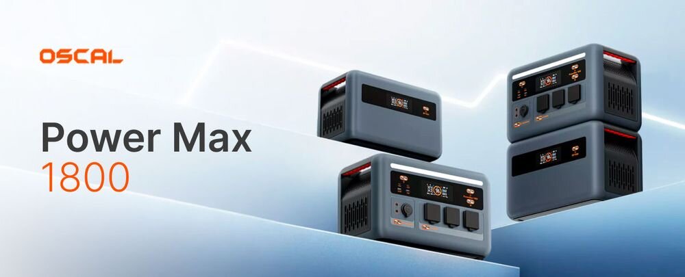 Obraz przedstawia cztery szare stacje zasilania z wyświetlaczami i różnymi portami. Widoczny jest tekst: \'OSCAL Power Max 1800\'.
