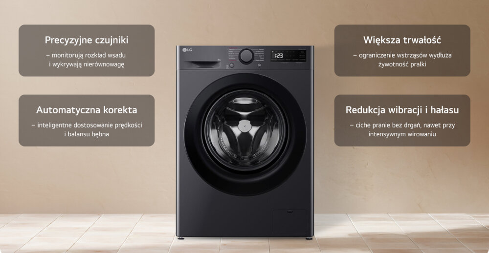 Na obrazie znajduje się pralka LG z widocznym logo, otoczona tekstami opisującymi jej funkcje: \'Precyzyjne czujniki\', \'Automatyczna korekta\', \'Większa trwałość\' oraz \'Redukcja wibracji i hałasu\'.