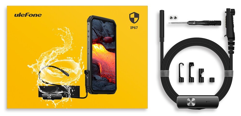 Obraz przedstawia zestaw endoskopu z ekranem, przewodem i akcesoriami na żółtym tle z logo \'ulefone\' i oznaczeniem \'IP67\'.