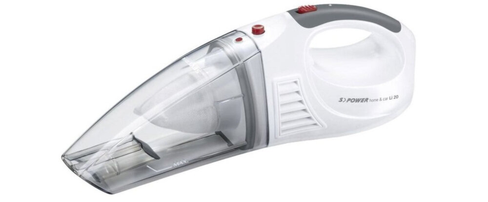 Na obrazie widoczny jest biały odkurzacz ręczny z przezroczystym pojemnikiem na kurz i ergonomicznym uchwytem. Na obudowie znajduje się napis \'S\'POWER home & car Li 20\'.
