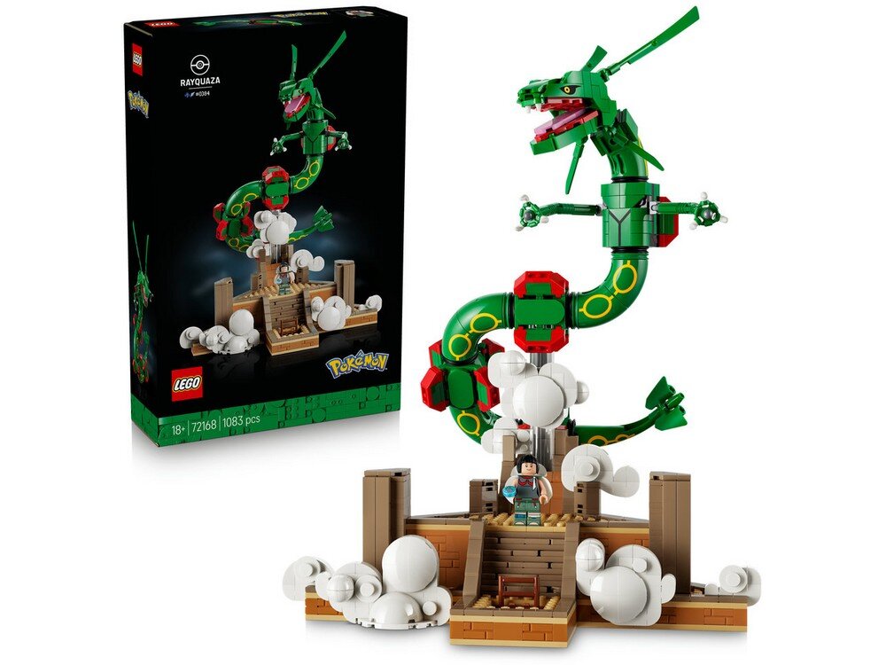 Na obrazie widoczny jest zestaw LEGO przedstawiający zielonego smoka z czerwonymi i żółtymi elementami, unoszącego się nad brązową platformą z białymi chmurami. Obok znajduje się pudełko z grafiką smoka i napisami: \'LEGO\', \'RAYQUAZA\', \'18+\', \'72168\', \'1083 pcs\'.