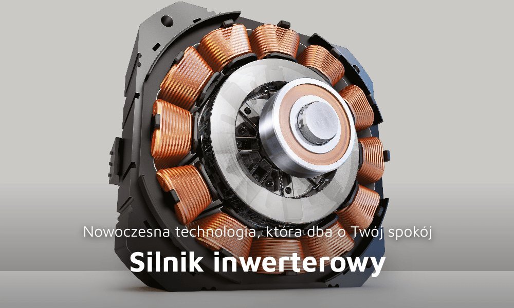 Obraz przedstawia silnik inwerterowy z widocznymi miedzianymi zwojami. Na dole znajduje się tekst: \'Nowoczesna technologia, która dba o Twój spokój Silnik inwerterowy\'.