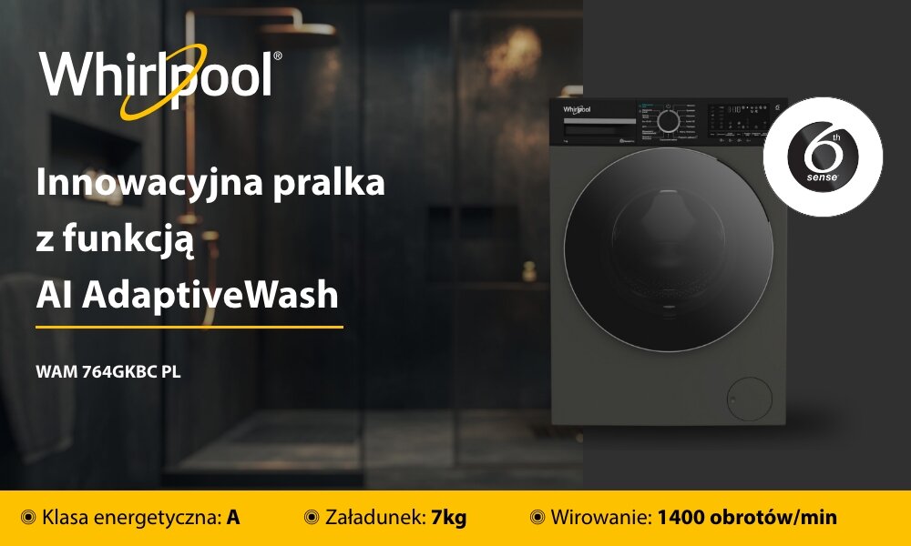Obraz przedstawia pralkę z logo Whirlpool oraz tekstem: \'Innowacyjna pralka z funkcją AI AdaptiveWash\'. Widoczne są także informacje: \'WAM 764GKBC PL\', \'Klasa energetyczna: A\', \'Załadunek: 7kg\', \'Wirowanie: 1400 obrotów/min\'.