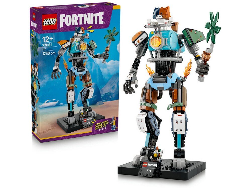Zestaw LEGO przedstawiający robota z gry Fortnite, złożony z kolorowych klocków, obok pudełko z grafiką robota i napisami: \'LEGO\', \'FORTNITE\', \'12+\', \'77081\', \'KIT\', \'1230 pcs\'.