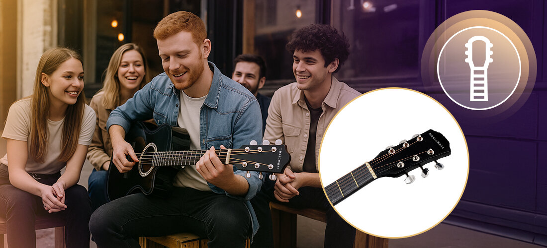 Grupa osób siedzi na zewnątrz, jedna z nich gra na czarnej gitarze akustycznej. Obok znajduje się powiększone zdjęcie główki gitary z widocznymi kluczami do strojenia.