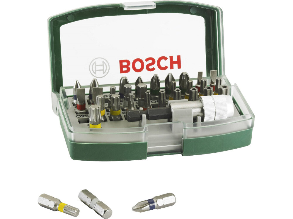 Wkrętarka akumulatorowa BOSCH IXO V (06039A800S) zestaw 32 bitów ze stali S2 uchwyt na końcówki z sześciokątnym chwytem obudowa z klipsem na pas i automatyczna blokada wrzeciona
