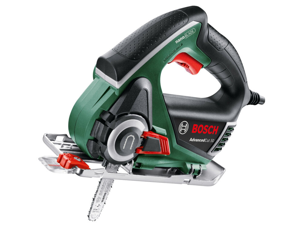 Wyrzynarka BOSCH AdvancedCut 50 miękka ergonomiczna rękojeść niska emisja drgań system wydmuchiwania strużyn silnik o mocy 500 W cięcie w drewnie i tworzywach sztucznych maksymalna głębokość cięcia w drewnie do 50 mm w tworzywach sztucznych do 30 mm