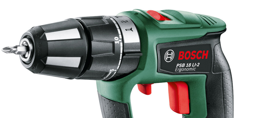 Wiertarko-wkrętarka BOSCH PSB 18 LI-2 Ergonomic 06039B0300 uchwyt oburęczny o zamkniętej konstrukcji miękka rękojeść Softgrip komfort pracy innowacyjna technologia Kickback Control funkcja Syneon Chip