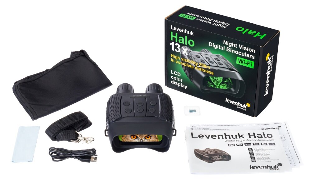 Na obrazie znajduje się lornetka noktowizyjna z akcesoriami, w tym etui, paskiem, kablem USB i instrukcją obsługi. Obok lornetki widoczne jest pudełko z napisem \'Levenhuk Halo 13x Night Vision Digital Binoculars Wi-Fi\'.