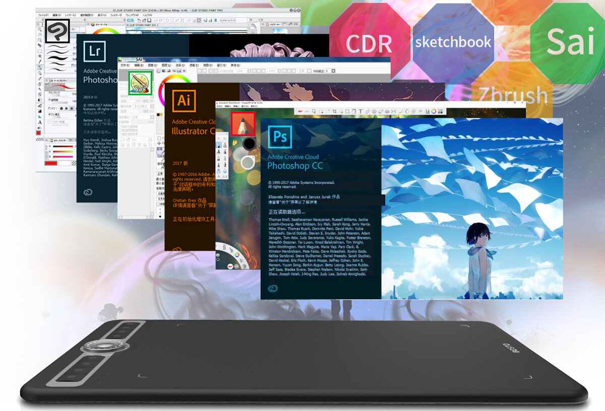 Obraz przedstawia tablet graficzny z kilkoma otwartymi oknami programów graficznych, takich jak Photoshop CC, Illustrator CC i inne. W tle widoczne są kolorowe sześciokąty z napisami: CDR, sketchbook, Sai, Zbrush.