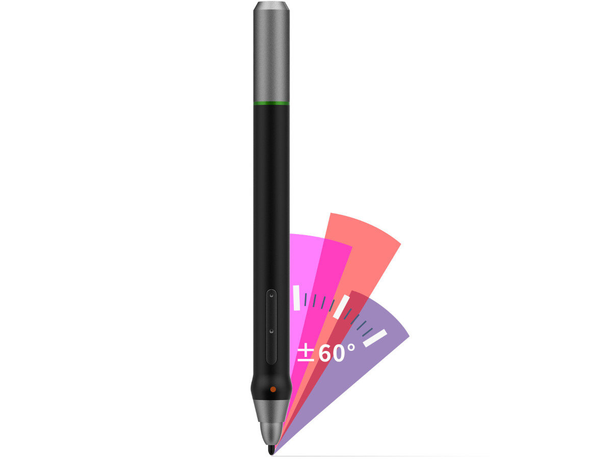 Stylus z czarnym korpusem i srebrnym końcem, z przyciskiem na boku. Obok widoczny jest symbol kąta nachylenia \'+60°\'.