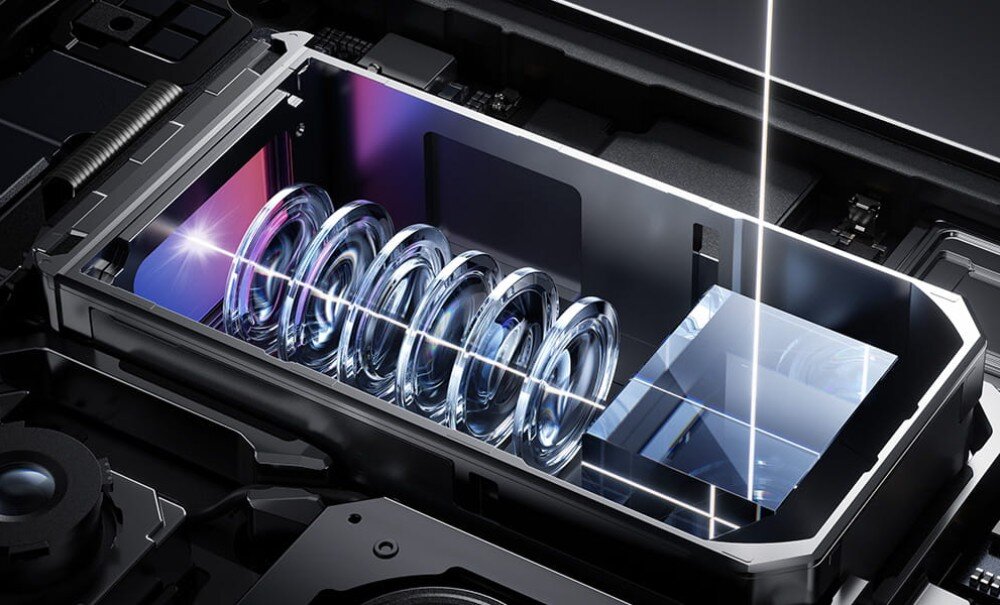 Smartfon VIVO X500 Pro Max Przekrój modułu aparatu w urządzeniu mobilnym ukazujący układ szklanych soczewek i pryzmat do załamywania światła