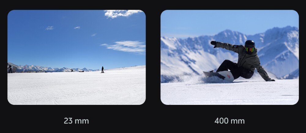 Smartfon VIVO X500 Pro Max Porównanie dwóch zdjęć ze stoku narciarskiego pokazujące różnicę między szerokim kątem '23 mm' a przybliżeniem '400 mm' na snowboardzistę