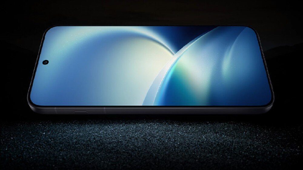 Smartfon VIVO X500 Pro Max Wyłączony ekran urządzenia z delikatną jasną grafiką na dole i wycięciem na przednią kamerę po lewej stronie
