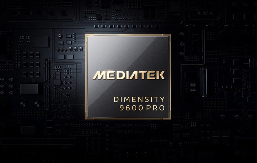 Smartfon VIVO X500 Pro Max Kwadratowy procesor z napisem 'MEDIATEK DIMENSITY 9600 PRO' umieszczony na czarnej płytce drukowanej