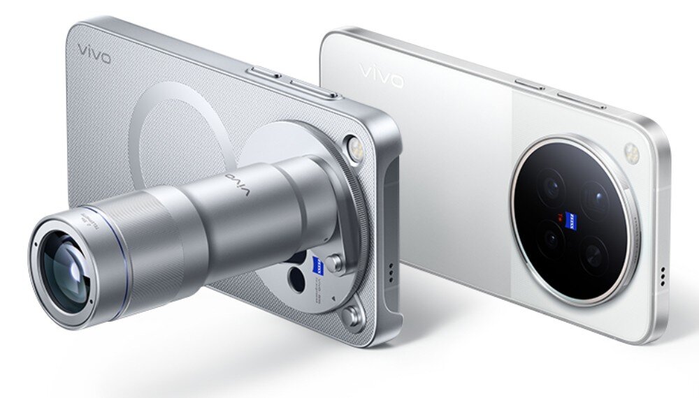 Smartfon VIVO X500 Pro 5G Dwa smartfony pokazujące tylne obudowy, z których jeden ma zamontowany długi, doczepiany obiektyw, a drugi wyspę z aparatami