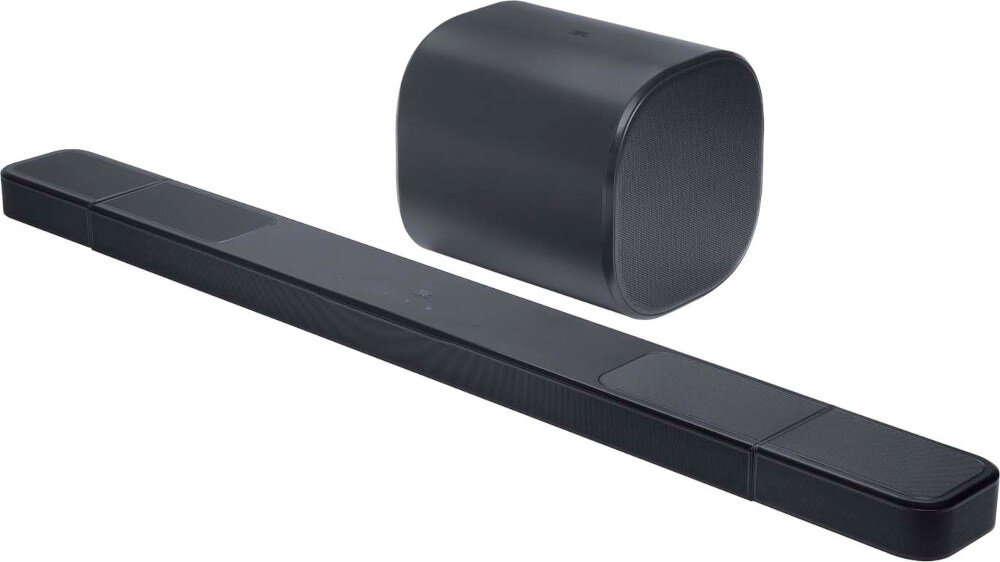 Na obrazie widoczny jest czarny soundbar oraz subwoofer. Oba urządzenia mają nowoczesny design i gładką powierzchnię.