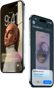 Dwa smartfony z wyświetlonymi ekranami. Na jednym ekranie widoczny jest zegar z godziną 9:41 i data Thu Apr 1, na drugim ekranie widoczny jest tekst \'Fall Collection Release\'.
