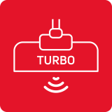 Czerwony kwadrat z białym symbolem odkurzacza i napisem \'TURBO\' oraz falami poniżej.