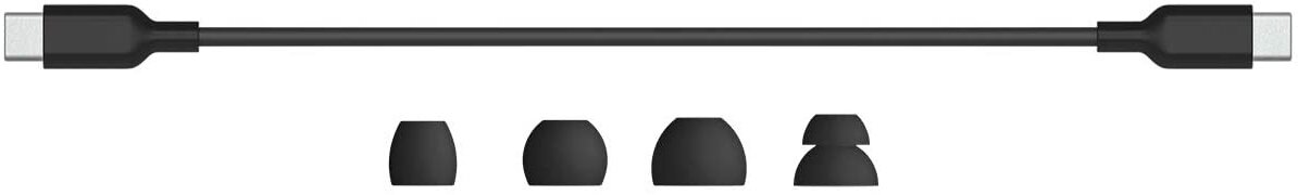 Na obrazie widoczny jest czarny kabel z końcówkami USB-C oraz cztery czarne gumowe nakładki do słuchawek.