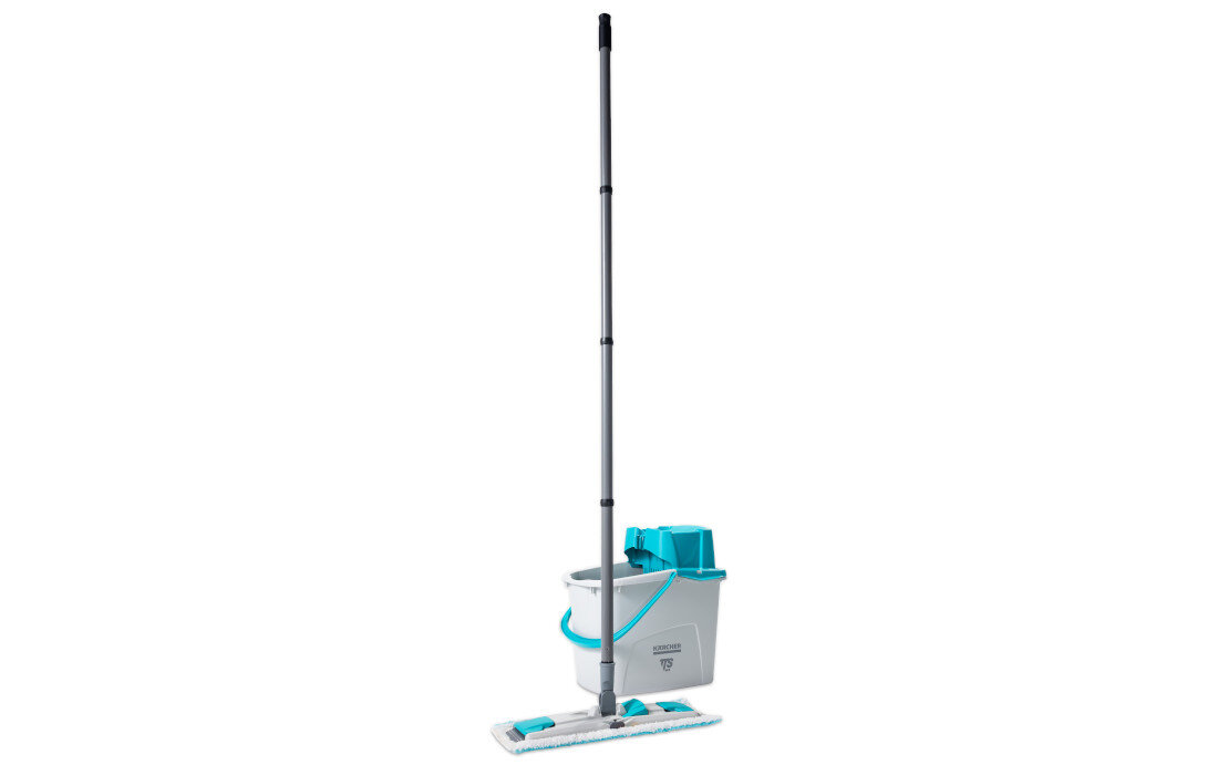 Na obrazie widoczny jest mop płaski z długim uchwytem oraz wiadro z uchwytem w kolorze szarym i turkusowym. Na wiadrze znajduje się logo \'KARCHER\'.