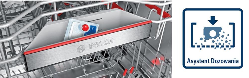 Wnętrze zmywarki z widocznym pojemnikiem na tabletki do mycia, na którym znajduje się logo BOSCH. Obok znajduje się ikona z napisem \'Asystent Dozowania\'.
