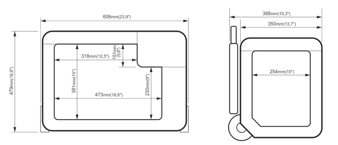 Schemat lodówki turystycznej z wymiarami: 606 mm x 479 mm oraz 388 mm x 350 mm. Widoczne są szczegółowe wymiary wewnętrzne i zewnętrzne w milimetrach i calach.