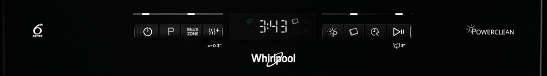 Panel sterowania zmywarki z wyświetlaczem pokazującym czas 3:43, przyciskami funkcyjnymi oraz logo Whirlpool. Po prawej stronie widoczny napis \'PowerClean\'.
