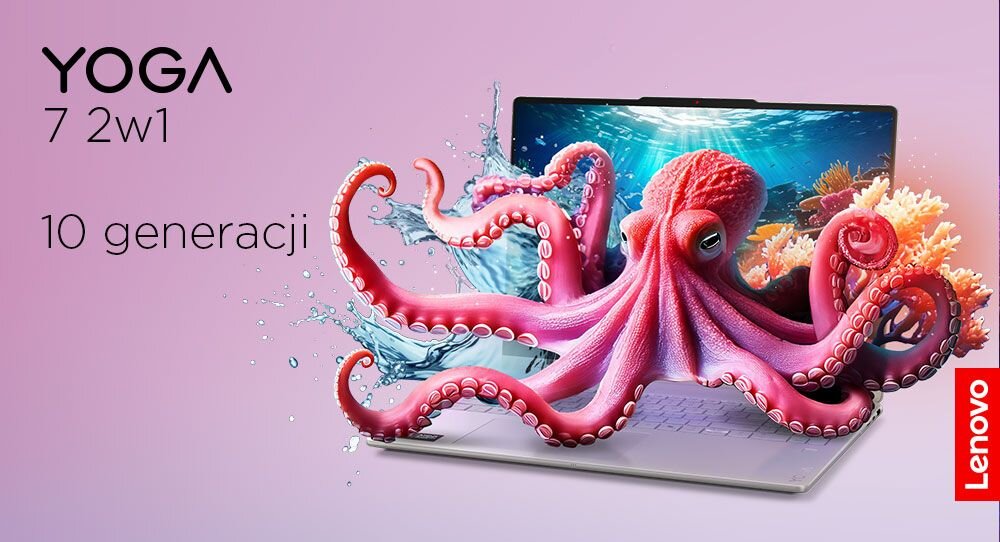 Na obrazie widoczny jest laptop z ekranem wyświetlającym podwodny krajobraz, z którego wyłania się różowa ośmiornica. Obok znajduje się tekst: \'YOGA 7 2w1 10 generacji\', a w prawym dolnym rogu logo \'Lenovo\'.