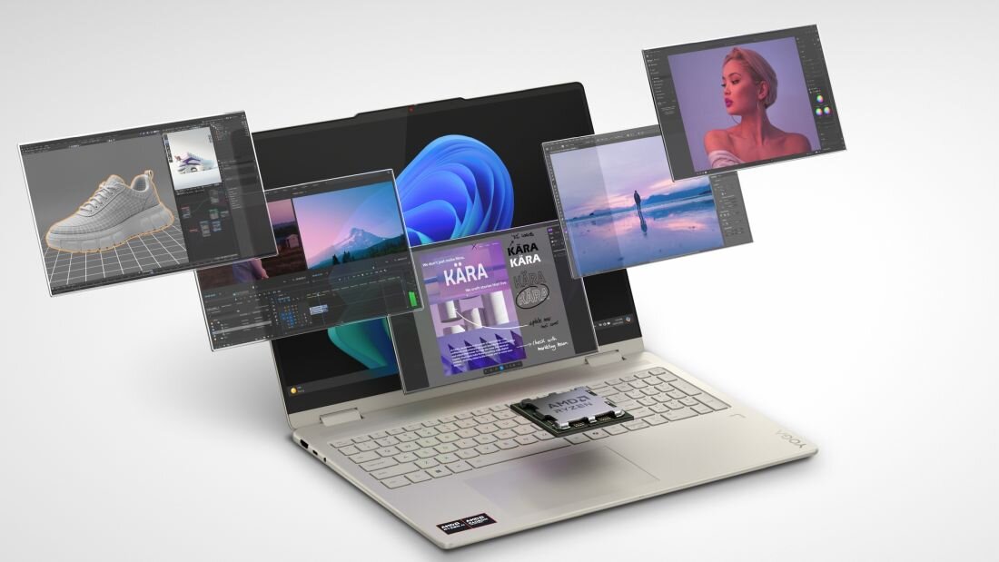 Laptop z otwartym ekranem, na którym wyświetlanych jest kilka okien z różnymi grafikami i aplikacjami. Na klawiaturze widoczny jest mały układ scalony, a na obudowie znajduje się logo producenta.