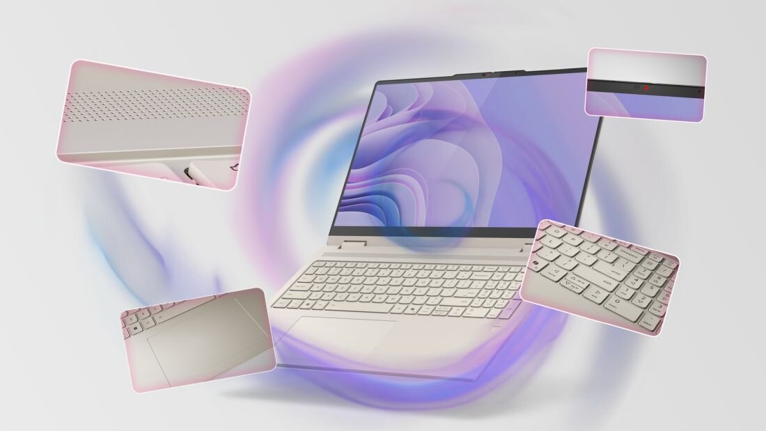 Laptop z otwartym ekranem wyświetlającym abstrakcyjną grafikę, z widocznymi detalami klawiatury i głośników w powiększonych ramkach. Obraz utrzymany w jasnej kolorystyce z fioletowymi akcentami.