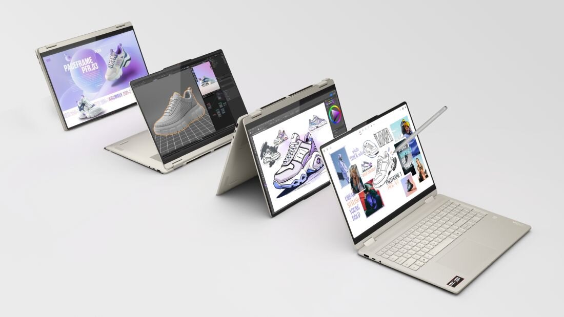 Cztery laptopy w różnych pozycjach prezentujące różne grafiki na ekranach, w tym buty sportowe i ilustracje. Jeden z laptopów ma wysunięty rysik.