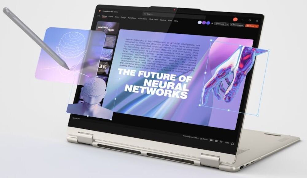 Laptop w trybie tabletu z wyświetlaczem OLED, na którym widoczny jest tekst \'THE FUTURE OF NEURAL NETWORKS\'. Obok ekranu znajduje się rysik oraz grafiki związane z sieciami neuronowymi.