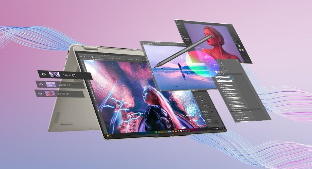 Laptop w trybie tabletu z wyświetlanymi na ekranie grafikami i warstwami edycji. Obok ekranu widoczny jest rysik oraz dodatkowe okna z narzędziami graficznymi.