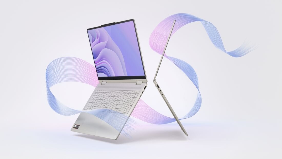 Laptop konwertowalny Lenovo Yoga 7 2w1 w trybie namiotu z fioletową tapetą na jasnym tle z efektami graficznymi - Aluminiowa obudowa, data-genbyai=