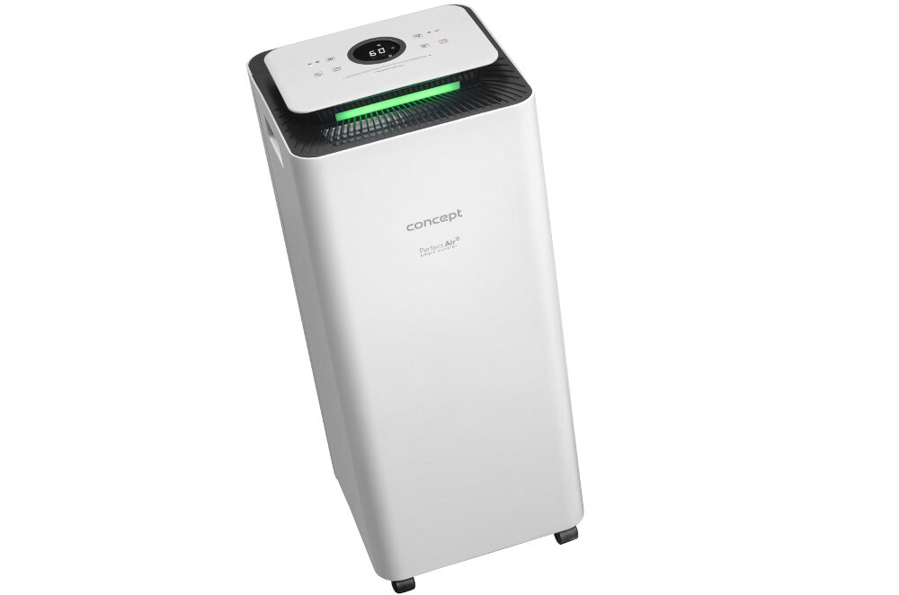 Biały osuszacz powietrza z wyświetlaczem na górze i logo \'concept Perfect Air\' na przedniej części. Urządzenie ma prostokątny kształt i jest wyposażone w kółka ułatwiające przemieszczanie.