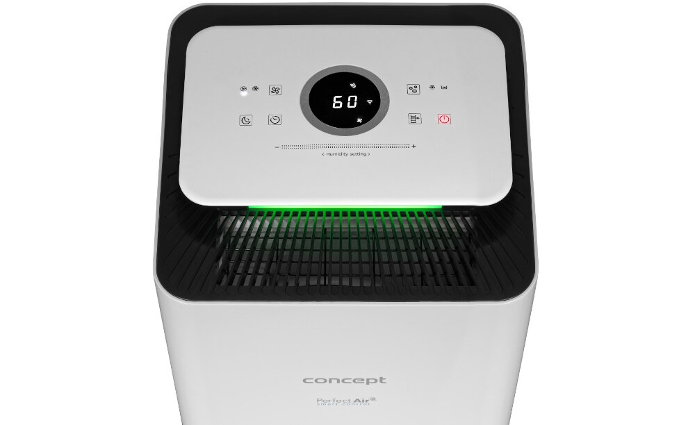 Osuszacz powietrza z wyświetlaczem cyfrowym pokazującym liczbę 60 oraz kilkoma ikonami funkcyjnymi. Na obudowie widoczne jest logo \'concept Perfect Air\'.