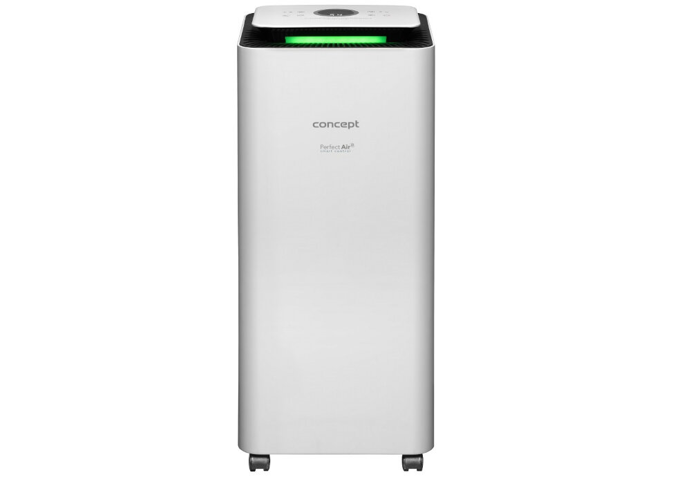 Biały osuszacz powietrza na kółkach z widocznym logo \'concept\' i napisem \'Perfect Air\'. Na górze urządzenia znajduje się panel z zielonym podświetleniem.