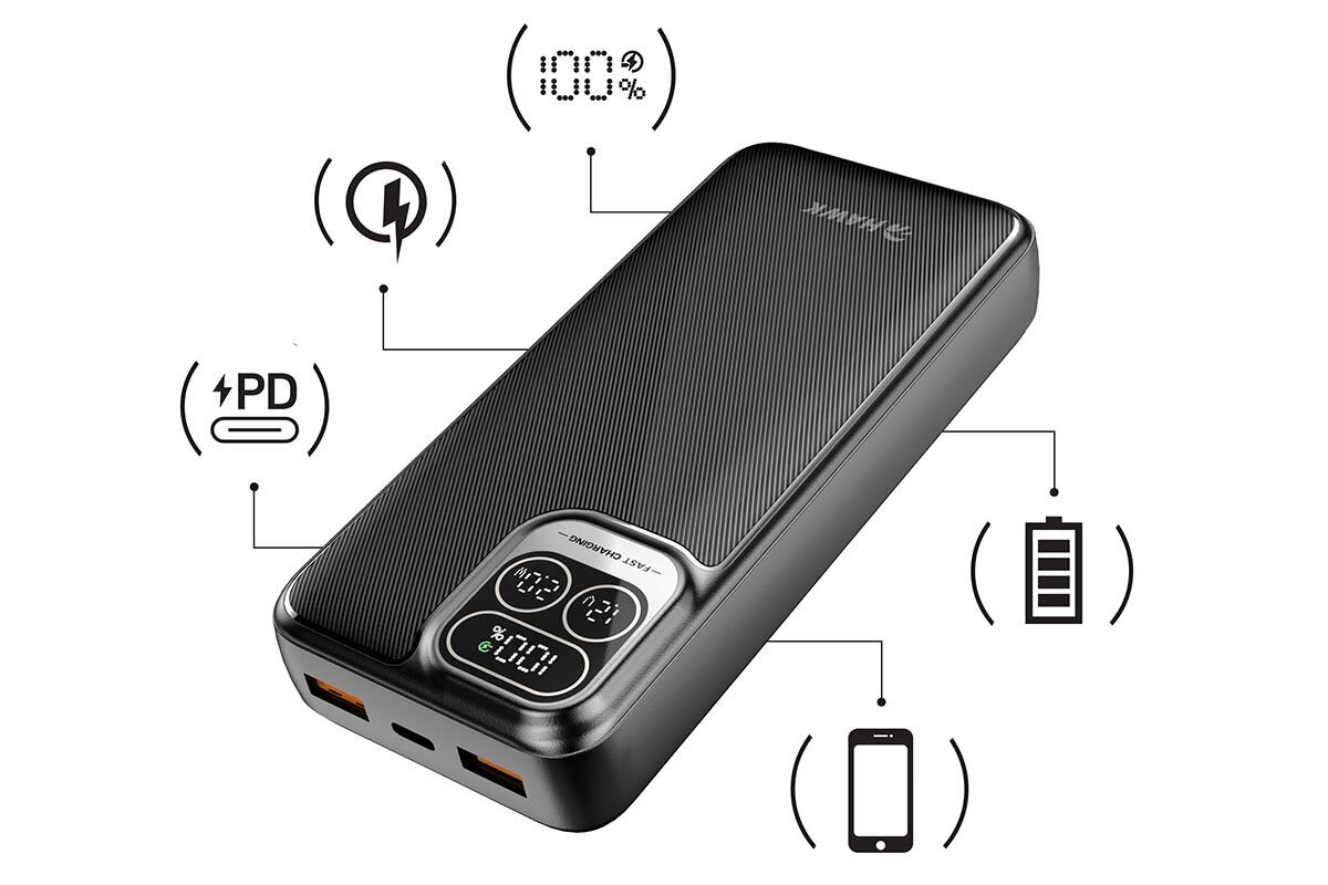 Czarny powerbank z wyświetlaczem pokazującym stan naładowania i dwoma portami USB. Na obudowie widoczne jest logo producenta oraz symbole związane z funkcjami ładowania.